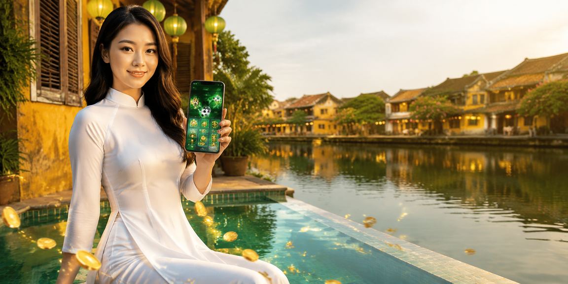 Người dùng Hội An mặc áo dài trải nghiệm ứng dụng casino và voucher